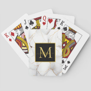 Modern White and Gold Marbled Monogram Name Playing Cards