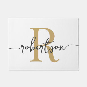 Modern White and Gold Monogram Family Name Script Doormat