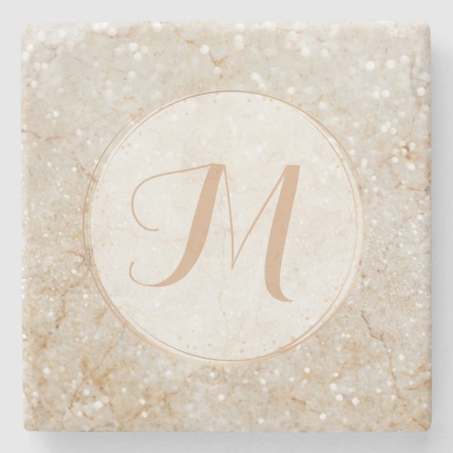 Modern White and Gold Monogram Stone Coaster (Front)