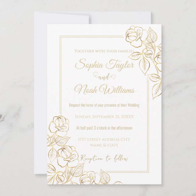 Modern White and Gold Rose Minimal  Invitation (Front)