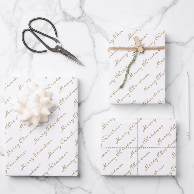 Modern White and Gold Script Merry Christmas Wrapping Paper Sheet (Front)
