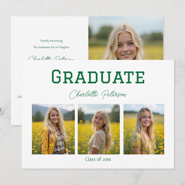 Modern White and Green Photo Grad Announcement (Front/Back)