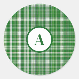 Modern White and Green Plaid Classic Round Sticker