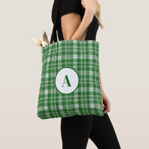 Modern White and Green Plaid Tote Bag