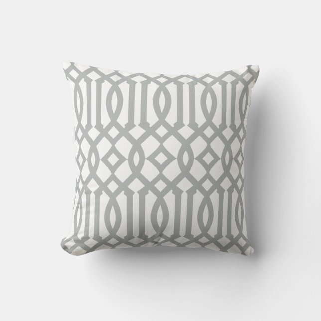 Modern White and Light Grey Trellis Pattern Cushion (Front)