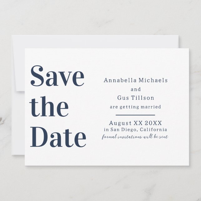Modern White and Navy Blue Large Font Save The Date (Front)
