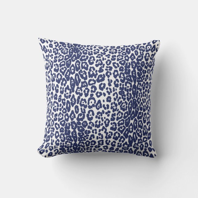 Modern white and navy blue leopard print cushion (Front)