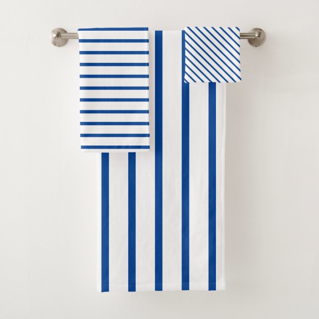 Modern White and Navy Blue Stripe Bath Towel Set (Insitu)