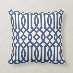 Modern White and Navy Blue Trellis Pattern Cushion