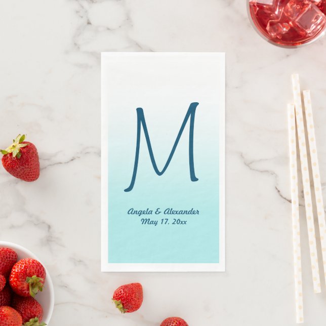 Modern White and Pale Turquoise Ombre Monogram Napkin (Insitu)