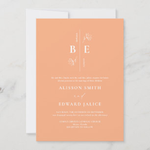 Modern White and Peach Fuzz Monogram Crest Wedding Invitation