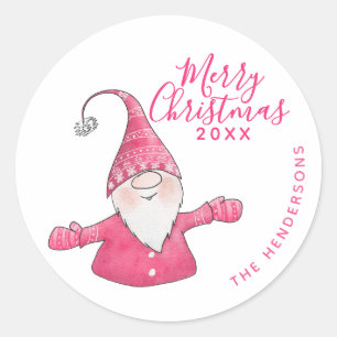 Modern White and Pink Gnome Custom Merry Christmas Classic Round Sticker