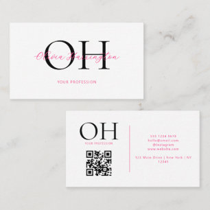 Modern White and Pink Script QR Code Monogram Business Card