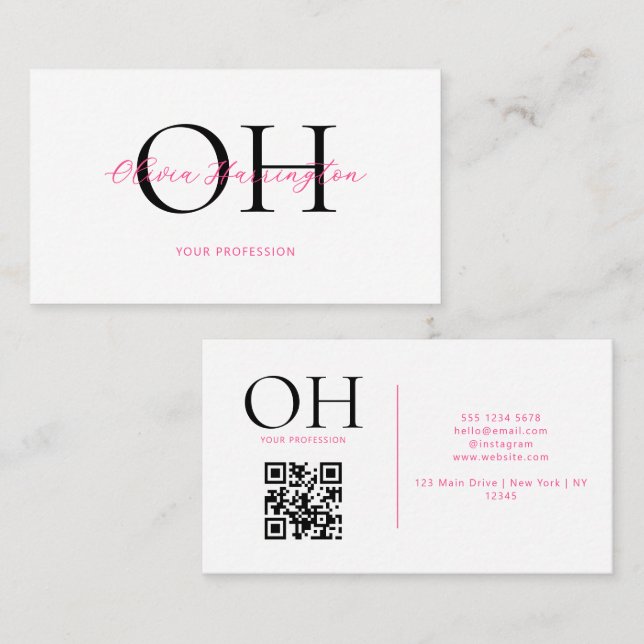 Modern White and Pink Script QR Code Monogram Business Card (Front/Back)