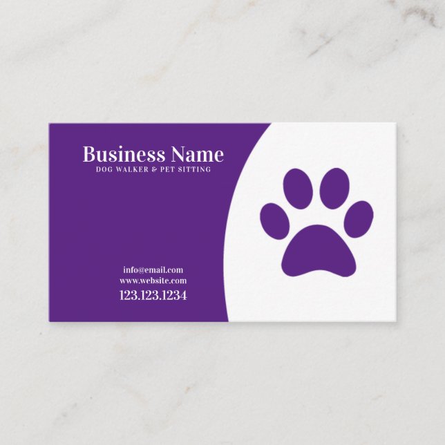 Modern White and Purple Paw Print Dog Walking Business Card (Front)