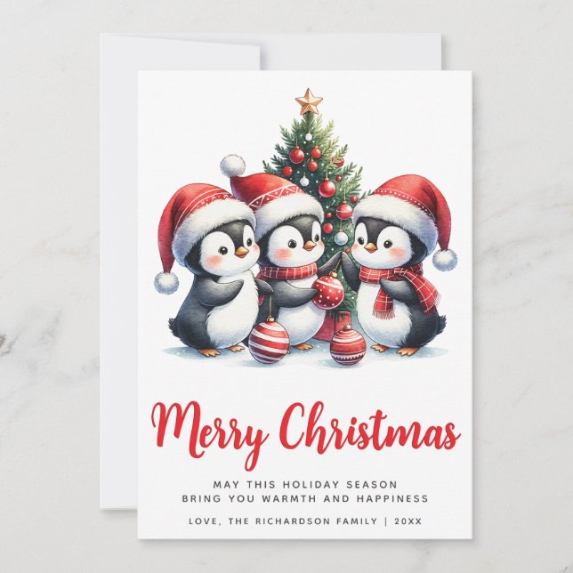 Modern White and Red Cute Penguins Merry Christmas Holiday Card (Front)