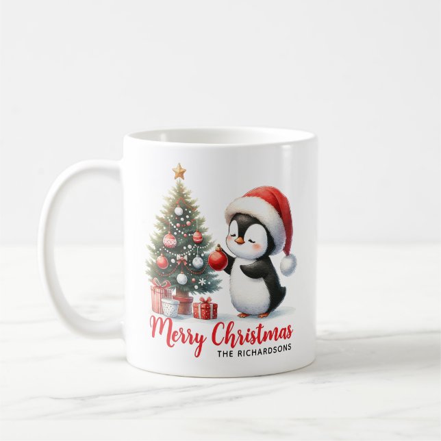 Modern White and Red Fun Penguin Merry Christmas Coffee Mug (Left)