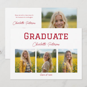 Modern White and Red Photo Graduation Invitation