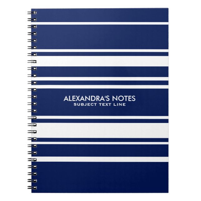 Modern White And Royal Blue Stripes Pattern Spiral Notebook (Front)