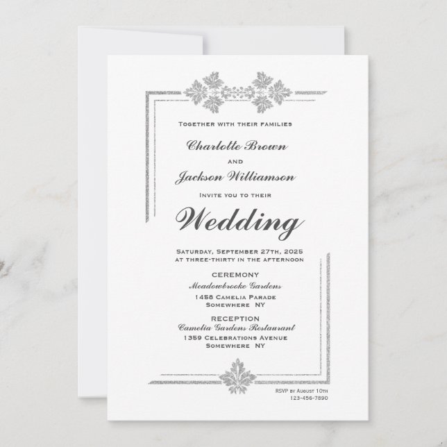Modern White and Silver Glitter Wedding Invitation (Front)