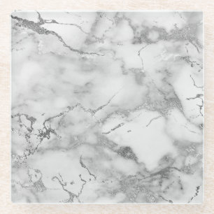 Modern White and Silver Marble Pattern Glass Coaster
