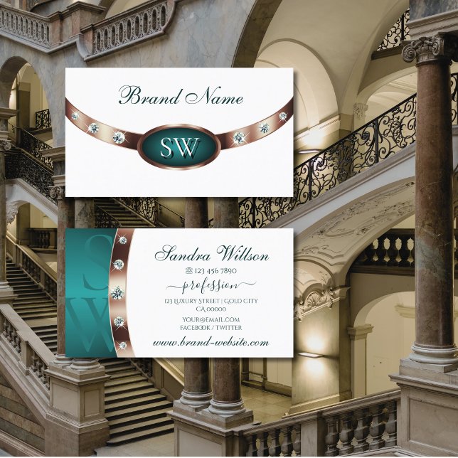 Modern White and Teal Rose Gold Colours Monogram Business Card (Creator Uploaded)