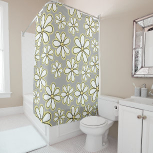 Modern White And Yellow Daisy Flowers On Grey Shower Curtain