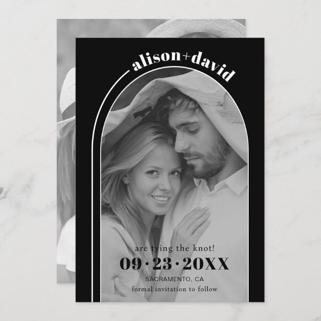 Modern white arch and photo black wedding save the date (Front/Back)