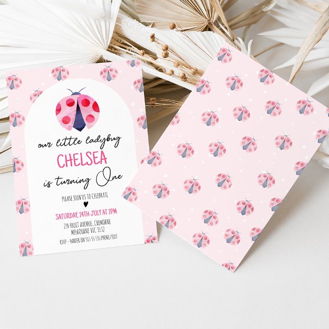 Modern White Arch Pink Ladybug 1st Birthday Invitation (Modern pink ladybug 1st birthday invitation with arch. Our ladybug invite, Any age, ladybug pattern)