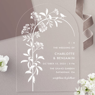Modern White Bird Botanical Arch Wedding Acrylic Invitations