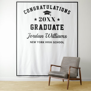 Modern White Black Graduation Photo Booth Backdrop Tapestry