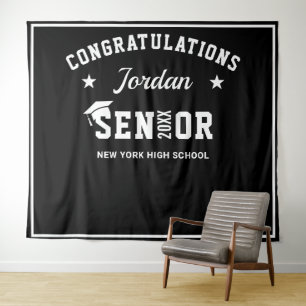 Modern White Black Graduation Photo Booth Backdrop Tapestry