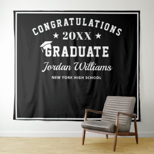 Modern White Black Graduation Photo Prop Backdrop Tapestry