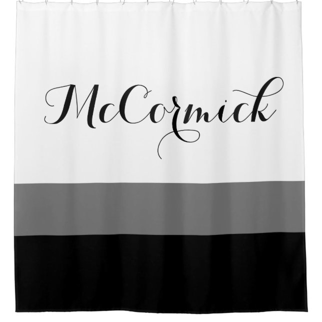 Modern White Black Grey Striped Monogram Script Shower Curtain (Front)