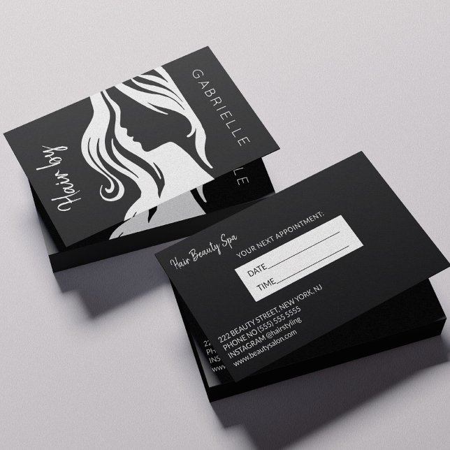 Modern white black hair salon next appointment business card (Creator Uploaded)