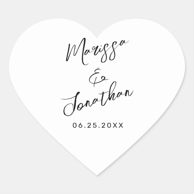 Modern White Black Hand Lettered Script Wedding Heart Sticker (Front)
