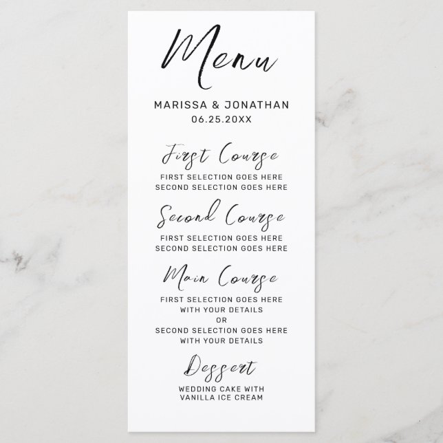 Modern White Black Hand Lettered Script Wedding Menu (Front)