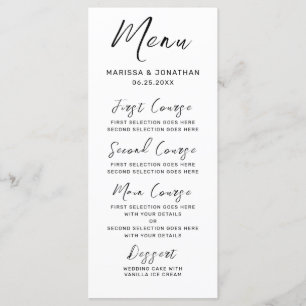 Modern White Black Hand Lettered Script Wedding Menu