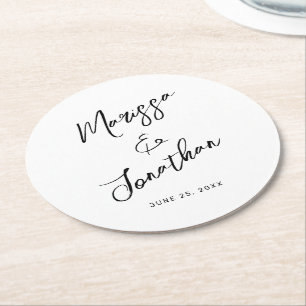 Modern White Black Hand Lettered Script Wedding Round Paper Coaster