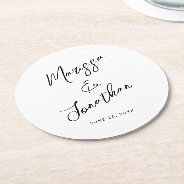 Modern White Black Hand Lettered Script Wedding Round Paper Coaster (Angled)