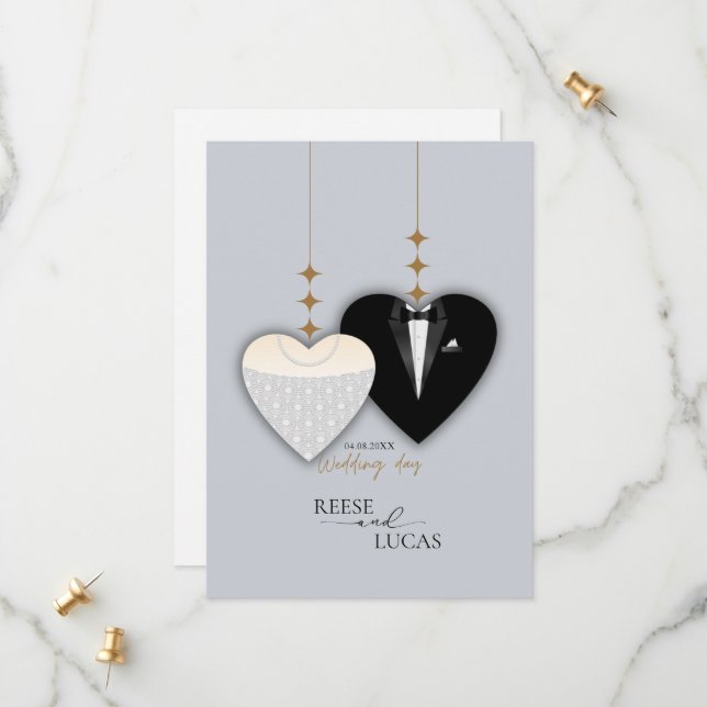 Modern white black illustration wedding heart save the date (Front/Back In Situ)