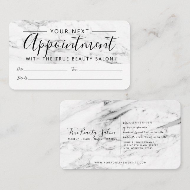 Modern White Black Marble Script Appointment Card (Front/Back)