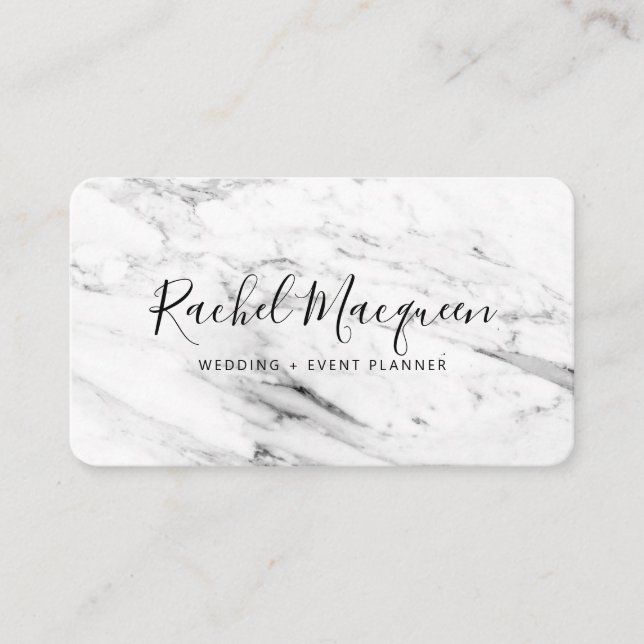 Modern White Black Marble Script Business Card (Front)