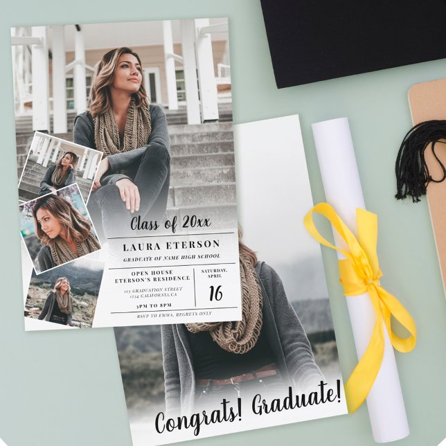 Modern white black minimalist photo graduation invitation (Creator Uploaded)