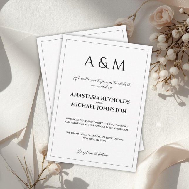 Modern white black minimalist wedding invitation (Creator Uploaded)