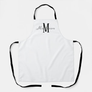 Modern White Black Monogram Script Name Womens Apron