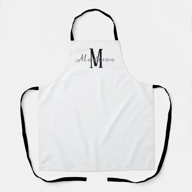 Modern White Black Monogram Script Name Womens Apron (Front)
