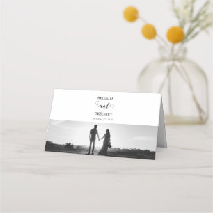 Modern White & Black Script Couple Photo Wedding Place Card