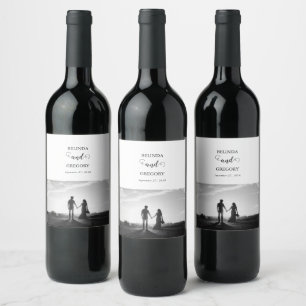 Modern White & Black Script Couple Photo Wedding Wine Label