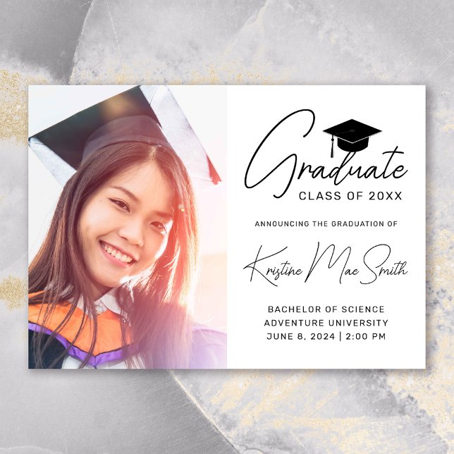 Modern White Black Script Photo College Graduation Announcement (Modern White Black Script Photo College Graduation Announcement)
